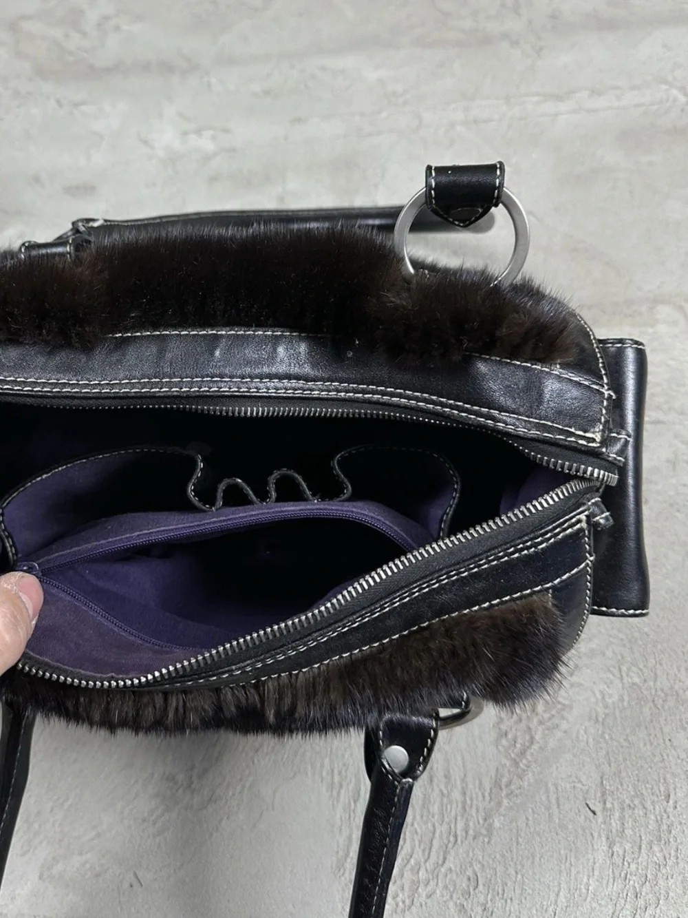 Y2K vintage leather fur shoulder bag - Picture 3 of 4